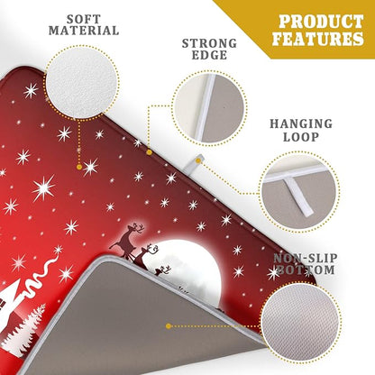 Christmas Reindeer Moon Star Red Dish Drying Mat for Kitchen Counter,White Xmas Tree Castle Drying Mat 18 x 24 Inch with Absorbent Reversible Microfiber Dish Drying Pad for Coffee Bar - Image 4