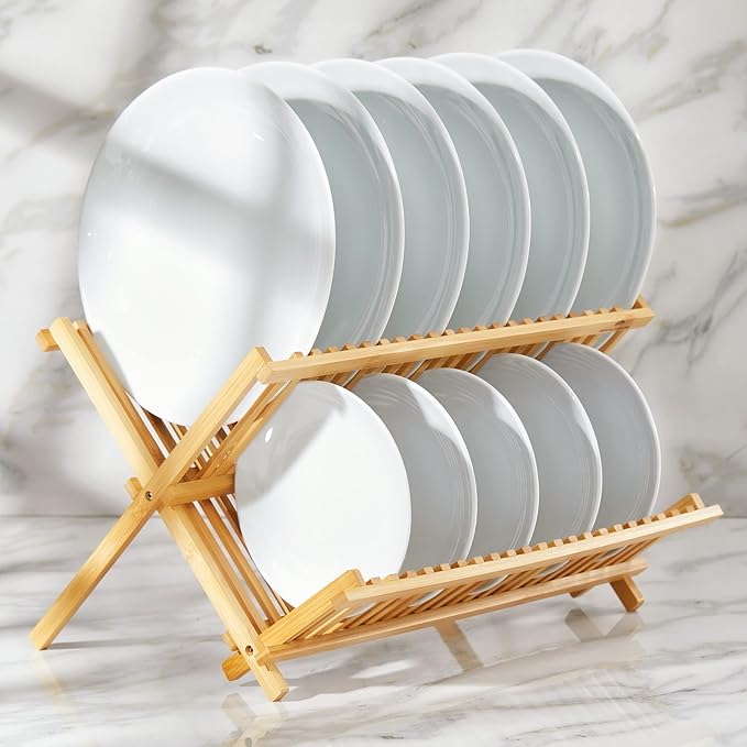 RoyalHouse Premium Natural Bamboo Dish Rack, Collapsible Dish Drainer, Foldable and Compact Dish Drying Rack for Kitchen Counter - Image 3
