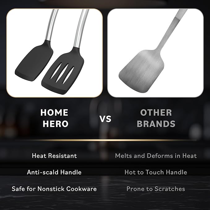 Home Hero Silicone Spatula Set - Heat Resistant Spatulas for Cooking - Ergonomic Stainless Steel Cooking Utensils - Solid & Slotted Silicone Turners - Pack of 2, Black - Image 7