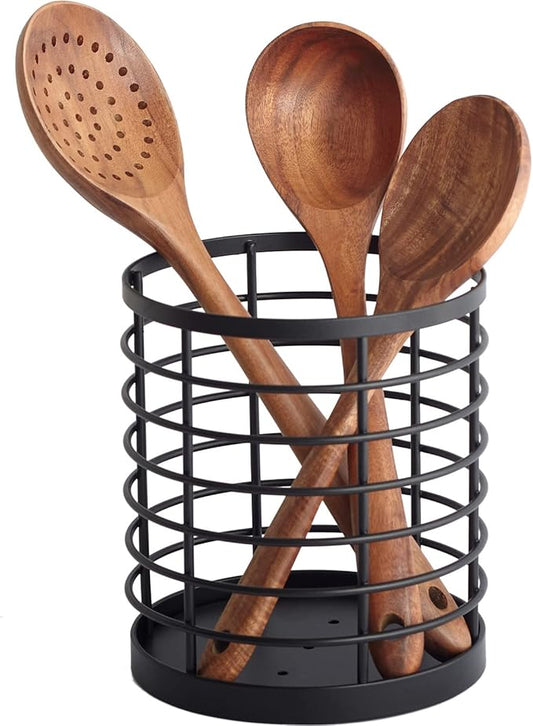 WDT Tool Utensil holder for Kitchen Counter - 5.2" x 5.2" x 6" Large Round Utensils Holder with Wooden Base Matte Black Cooking Utensil Holder，Kitchen countertop Utensil Organizer (Metal) by WDT+Tool