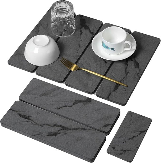 Small Stone Dish Drying Mat for Kitchen Counter, 2 PCS 16"×12" & 8"x4" Quick Dry Stone Mats, Foldable Water Absorbing Diatomite Drying Dish Pad for Countertop Bottles Utensils Cups(Dark Gray Ink) by linidcoudhome