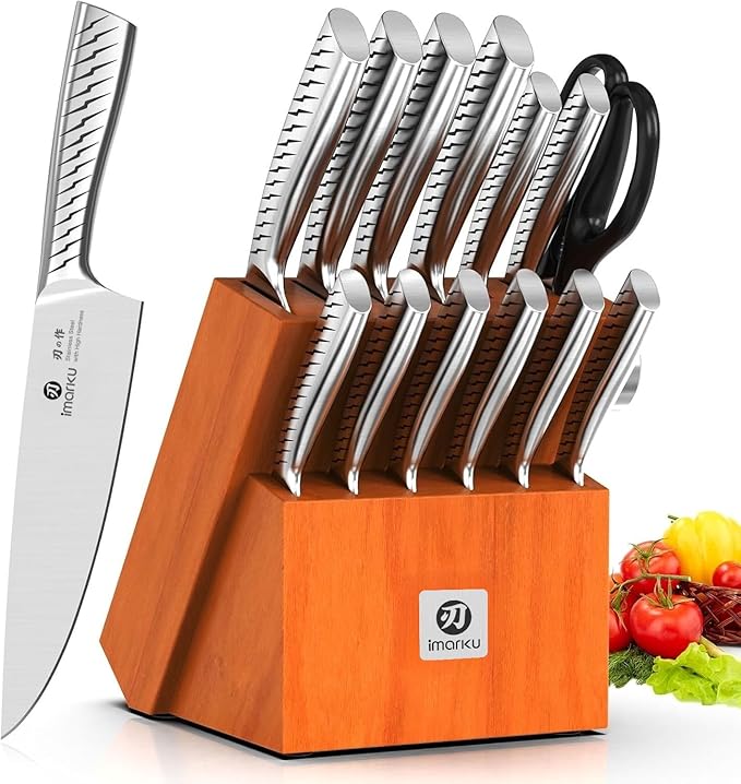 imarku® Knife Set,14-Piece Knife Sets for kitchen with block,Premium One-Piece Kitchen Knife Set with Sharpener,High Carbon Stainless Steel Knives Set for Kitchen,Silver,Dishwasher Safe by imarku