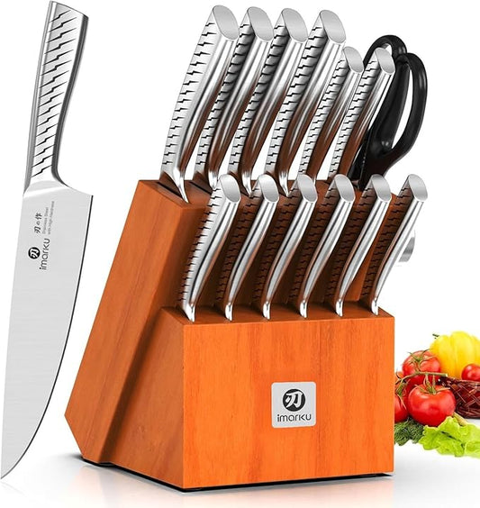 imarku® Knife Set,14-Piece Knife Sets for kitchen with block,Premium One-Piece Kitchen Knife Set with Sharpener,High Carbon Stainless Steel Knives Set for Kitchen,Silver,Dishwasher Safe by imarku