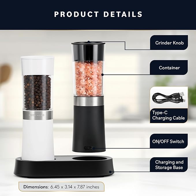 Home Hero Electric Salt and Pepper Grinder Set - Automatic Salt and Pepper Grinder Set Rechargeable. Electronic Salt and Pepper Shakers with LED Light, Gravity Electric Pepper & Salt Grinder, Set of 2 - Image 6
