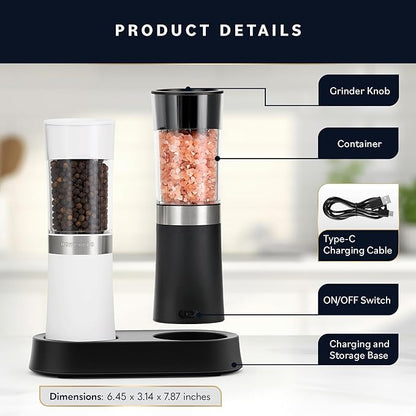 Home Hero Electric Salt and Pepper Grinder Set - Automatic Salt and Pepper Grinder Set Rechargeable. Electronic Salt and Pepper Shakers with LED Light, Gravity Electric Pepper & Salt Grinder, Set of 2 - Image 6