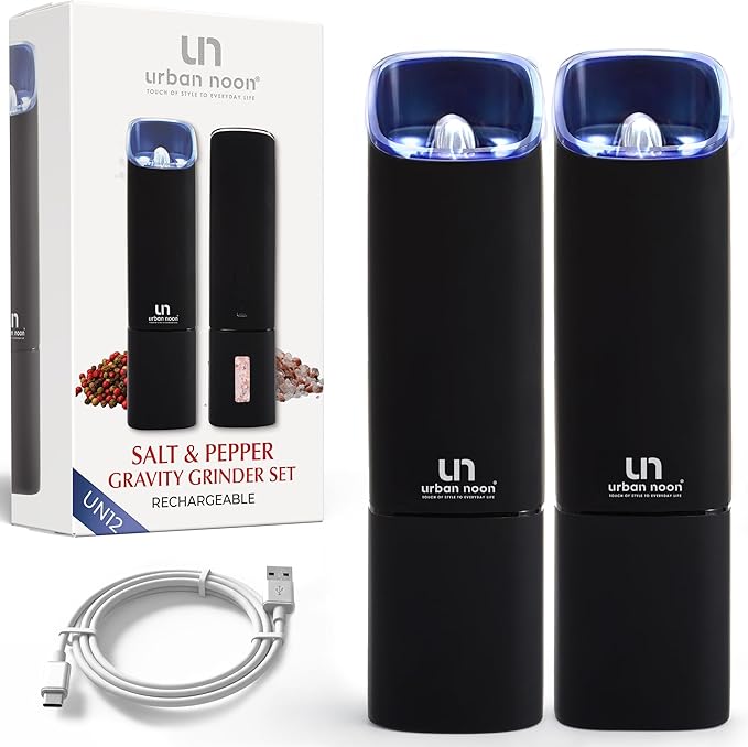 Automatic Salt and Pepper Grinder Set - Rechargeable Electric Salt and Pepper Shakers with Adjustable Coarseness, LED Light, One-Handed Use, Gravity Salt Grinder and Electric Pepper Mill by urbannoon
