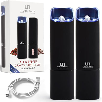 Automatic Salt and Pepper Grinder Set - Rechargeable Electric Salt and Pepper Shakers with Adjustable Coarseness, LED Light, One-Handed Use, Gravity Salt Grinder and Electric Pepper Mill by urbannoon
