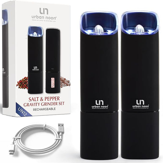 Automatic Salt and Pepper Grinder Set - Rechargeable Electric Salt and Pepper Shakers with Adjustable Coarseness, LED Light, One-Handed Use, Gravity Salt Grinder and Electric Pepper Mill by urbannoon
