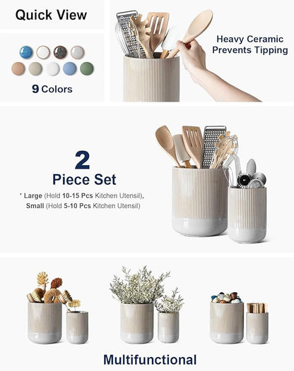 LE TAUCI Utensil Holder for Kitchen Counter, 7.3"+5.4" Fluted Ceramic Utensil Crock Organizer for Countertop, Heavy Large Holder for Spatulas, Spoons, Set of 2, Gray Marble - Image 2