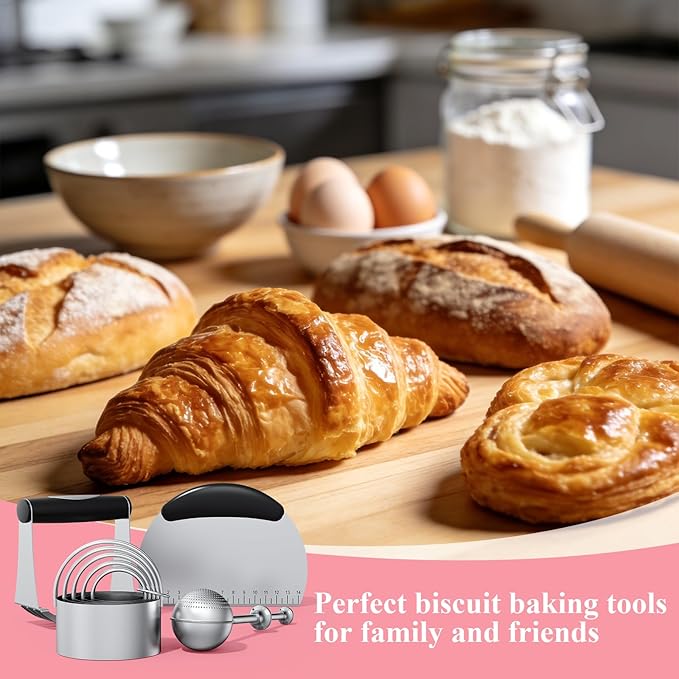 Biscuit Cutter Set, Stainless Steel Flour Sifter, Pastry Cutter, Pastry Scraper and Dough Blender, Flour Sieve for Quick Sifting Cakes and Spices, Professional Baking Dough Tools (4 Set) - Image 7