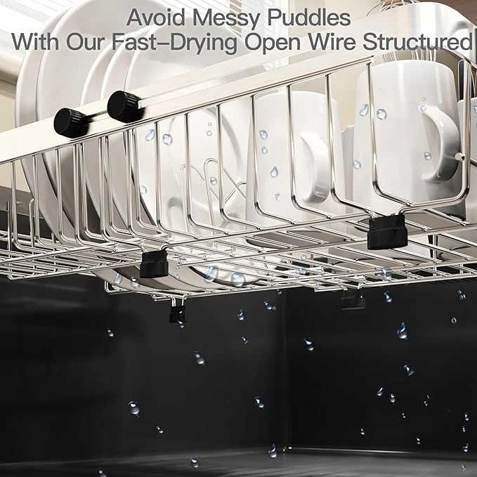 MAJALiS Dish Drying Rack Over The Sink, Expandable Stainless Steel Dish Drainer for Small Kitchen Counter Space Saving, RV Compact Plate Strainer In Silver Metal with Hanging Adjustable Utensil Holder - Image 3