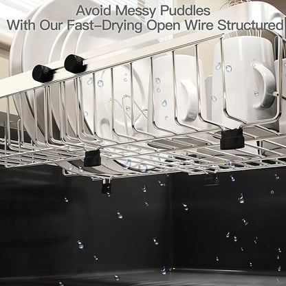 MAJALiS Dish Drying Rack Over The Sink, Expandable Stainless Steel Dish Drainer for Small Kitchen Counter Space Saving, RV Compact Plate Strainer In Silver Metal with Hanging Adjustable Utensil Holder - Image 3