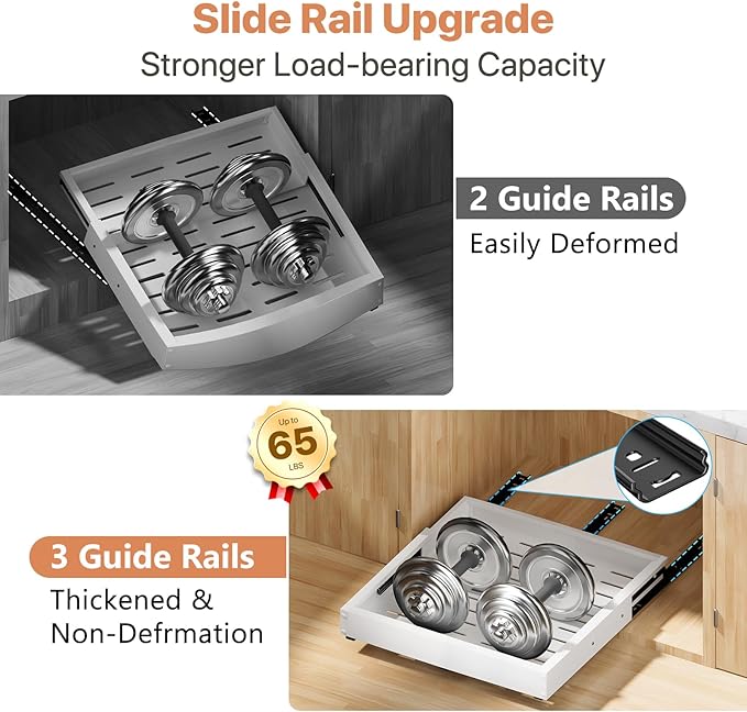 2 Pack Pull out Cabinet Organizer, Width (10"-15") Depth (11"-17"), with 3 Rails Adjustable Slide, Expandable Drawers for Cabinets, No Drill Adhesive Kitchen Drawers for Pantry Shelves white - Image 5