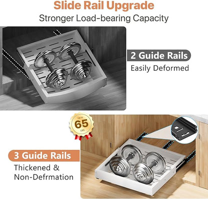 2 Pack Pull out Cabinet Organizer, Width (10"-15") Depth (11"-17"), with 3 Rails Adjustable Slide, Expandable Drawers for Cabinets, No Drill Adhesive Kitchen Drawers for Pantry Shelves white - Image 5