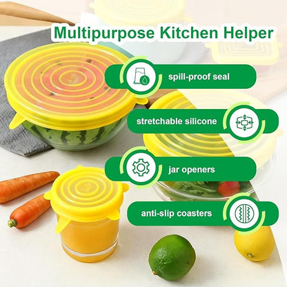 Silicone Stretch Lids – 6 Pack Reusable Food Covers,Flexible Silicone for Bowls, Containers, Fruits – Airtight & Leakproof Seal for Kitchen Storage(yellow)