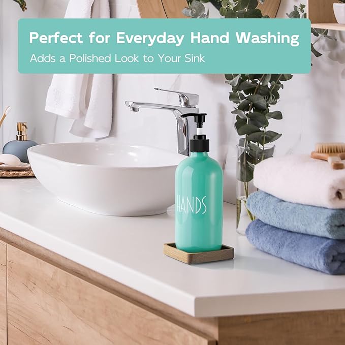 Turquoise Glass Hand Soap Dispenser with Acacia Wood Tray, 16 oz Refillable Hand Soap Pump Bottle, Decorative Teal Countertop Soap Dispenser Set for Kitchen, Bathroom, Restaurant - Image 6