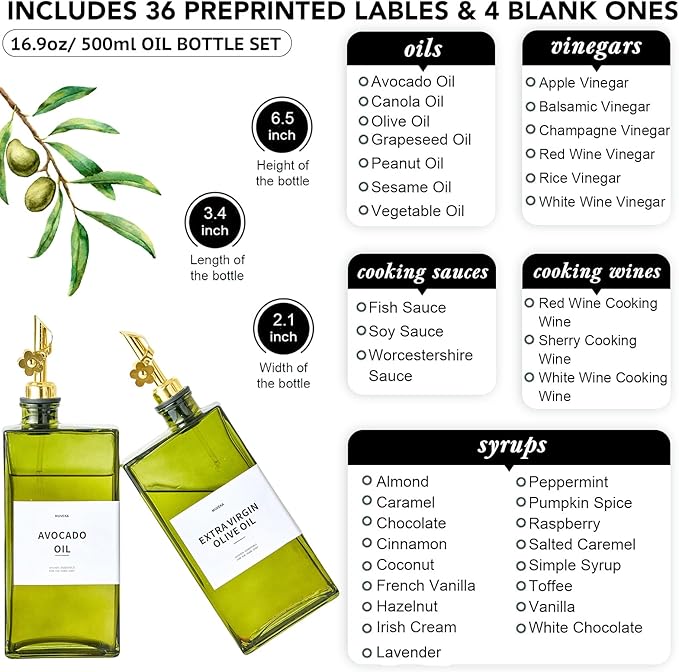Olive Oil Dispenser Bottle for Kitchen, 16.9oz /500ml Cooking Vinegar Dispenser Bottle Set, Glass Sauce Container, Labels, Brush, Funnel, Stoppers, Green for Oil, Wine - Image 3