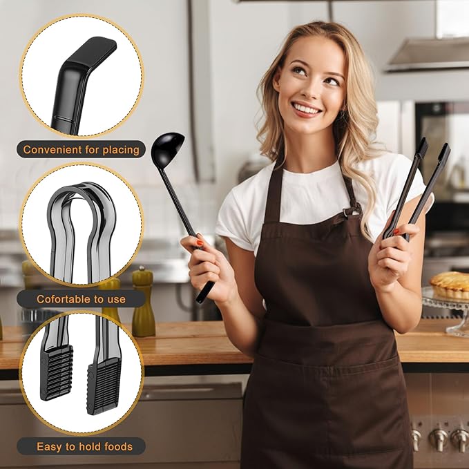 6 Pieces Plastic Serving Utensils Set Including 3 Pcs 1 oz Small Ladle and 3 Pcs Tong Acrylic Long Handle Ladle for Serving Sauce, Soup, Dressing, Punch Bowl, Gravy for Party Banquets Catering(Black) - Image 3