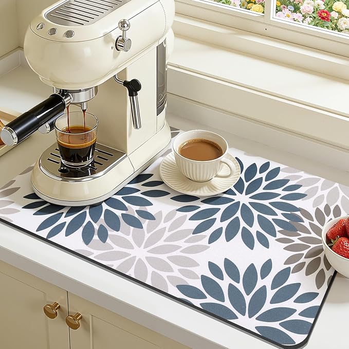 Findosom Floral Dish Drying Mat, 12" x 20" Super Absorbent & Hide Stain Coffee Mat, Cuttable Drying Mat for Kitchen Counter, Under Dish Rack, Coffee Maker, Espresso Machine, Blue