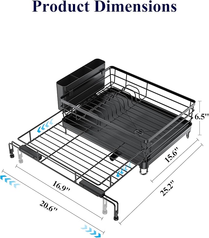 Kitsure Extendable Dish Drying Rack - Rust-Resistant Dish Racks for Kitchen Counter with Adjustable Support Legs, Cutlery Holder & Removable Draining Tray (Black, 15.6''-25.2''L × 16.9''W × 8.1''H) - Image 4