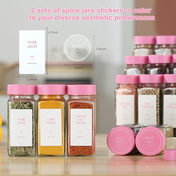 Pink Spice Jars with Label，4oz Seasoning Containers, Glass Spice Bottles with Shaker Lids,Funnel, Chalk Pen(Pink, 36) - Image 2