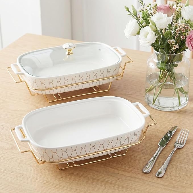 13" x 9" Ceramic Casserole Dish with Glass Lid and Rack, 68 ounce Serving Soup Tureen,Chafing Dish for Buffet, Family Food preserve Tray, Catering Casserole for Party Style, White