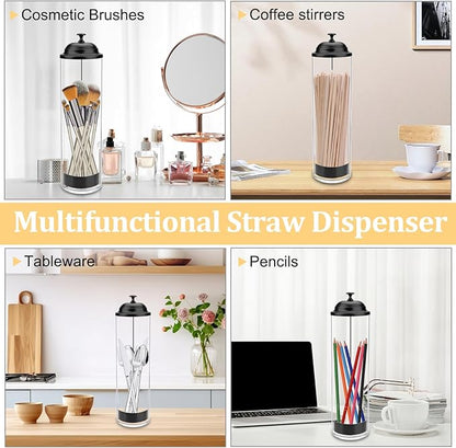 13.5 inch Straw Holder for Standard& Long Bended Size Drinking Straws, Acrylic Plastic Straw Dispenser for Counter with Lid Black Pack of 2(Straws Not Include)