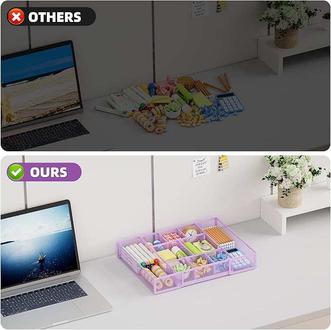 Marbrasse Expandable Desk Drawer Organizer, Mesh Drawer Organizer Tray with 10 Adjustable Compartments, Desk Organizers and Accessories for Office Supplies, Makeup & Vanity (Expandable-Purple) - Image 8