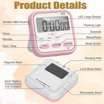 Leumoi 6 Pcs Digital Kitchen Timer 24 Hour Clock and Alarm Function Timer On/Off Switch Minute Second Count up Countdown Loud Alarm for Exercise Cook Baking(Black, Pink, Blue, Green)