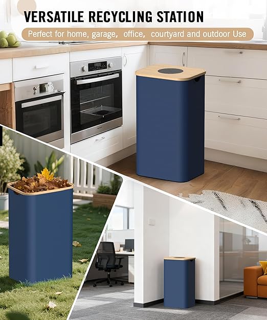Recycling Bins for Kitchen, 26 Gallon (100L) Recycle Bin with Bamboo lid, Indoor Oxford Fabric Recycling Trash Can with 2pcs Removeable and Reusable Inner Bags for Bottle Can Glass Plastice, Blue - Image 2
