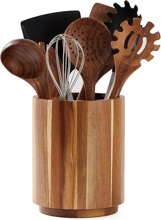 Acacia Wood Utensil Holder for Kitchen Counter, 360° Rotating 7.2" Wooden Cooking Utensil Crock for Countertop, Farmhouse Kitchen Decor by LOHONER