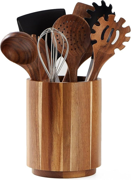 Acacia Wood Utensil Holder for Kitchen Counter, 360° Rotating 7.2" Wooden Cooking Utensil Crock for Countertop, Farmhouse Kitchen Decor by LOHONER
