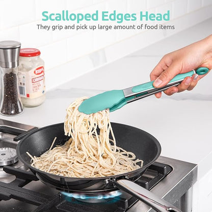600ºF Heat Resistant Kitchen Tongs: U-Taste 9 inch Silicone Cooking Tong with Firm Sealed Non Stick Rubber Tips & Silicon Coated 18/8 Stainless Steel Handle & Smooth Locking for Serving Salad-Aqua Sky - Image 4