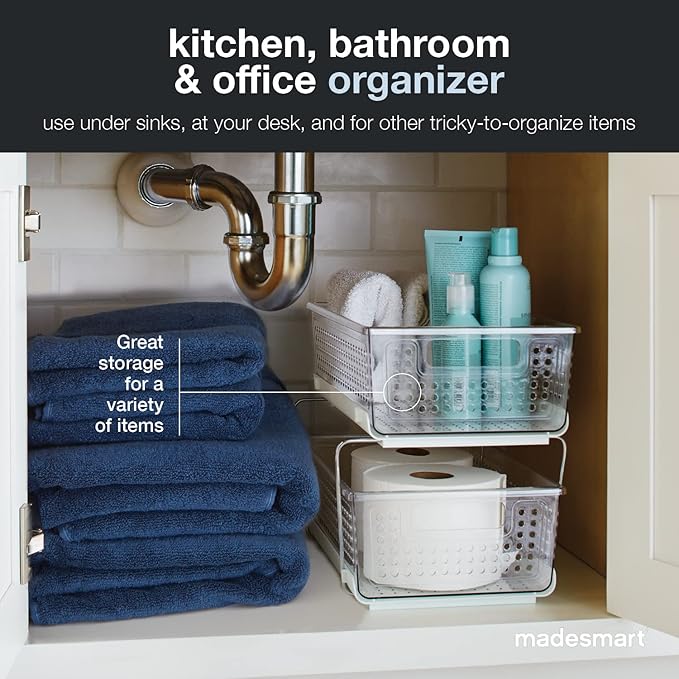 madesmart 2 Tier Organizer, Under Cabinet Storage with Pull Out Sliding Drawers, for Cleaning Supplies, Undersink Storage, Sponges, Bottles & Bath, Adjustable Dividers & Pull Out Baskets, Clear - Image 6