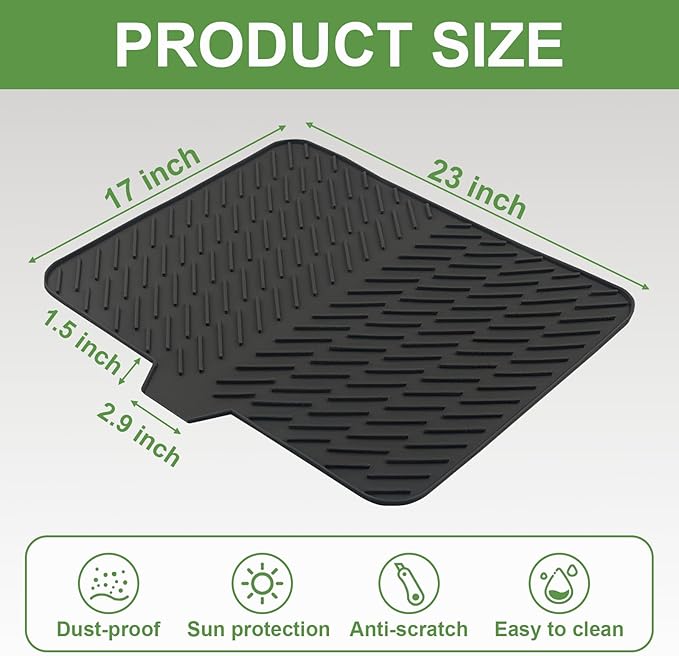 Silicone Drying Mat, 23"X17" With Built-in Drain Lip,Heat-Resistant,Eco-friendly,Hygienic Drying Pad,Leak-Proof and Non-Slip,Silicone Dish Drying Mat for Kitchen Counter or Sink（Black 23X17） - Image 3
