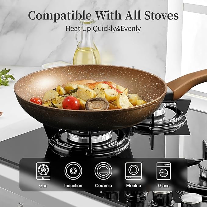 Innwewell Non Stick Frying Pan - Granite Stone Non Stick Skillet, Safe&No Toxic Pans for Cooking, Large Nonstick Cookware Chef's Pan, Induction Compatible, PFOA Free(11inch, Gold) - Image 4