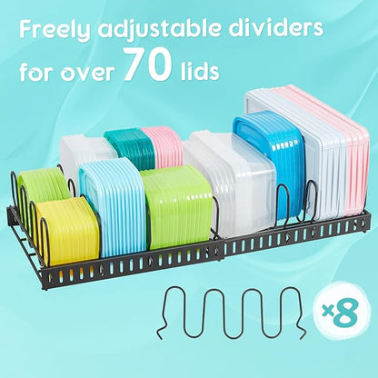 Expandable Food Container Lid Organizer,Large Capacity Adjustable 8 Dividers Detachable Lid Organizer Rack for Cabinets, Cupboards, Pantry Shelves, Drawers Keep Kitchen Tidy,Black 10.2”wide,3.6 Pound. - Image 7