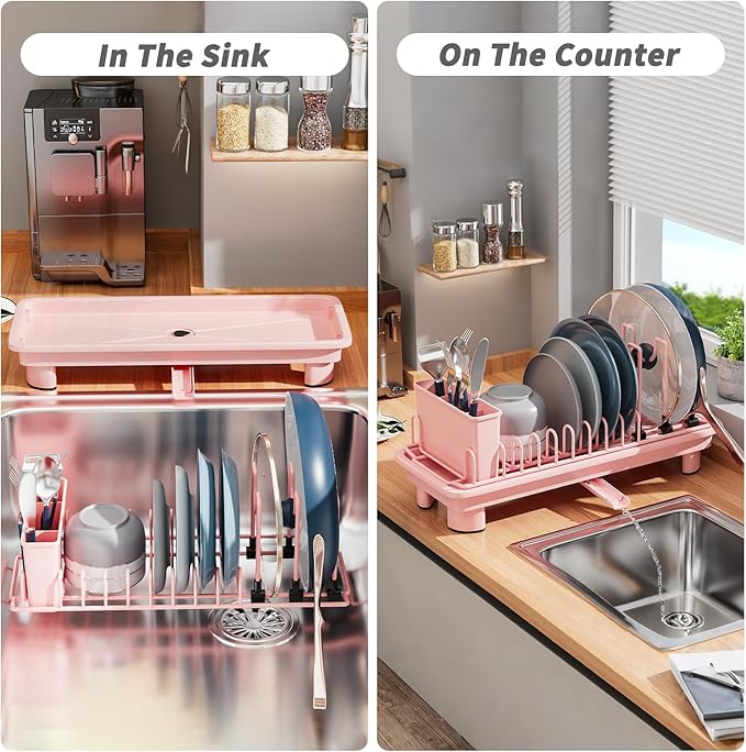 SanDream Small Dish Drying Rack with Removable Utensil Holder & Anti-Scratch Base - Stainless Steel Dish Rack, Dish Drying Rack with Drainage & Space Saving Design for Kitchen Counter, Pink - Image 2