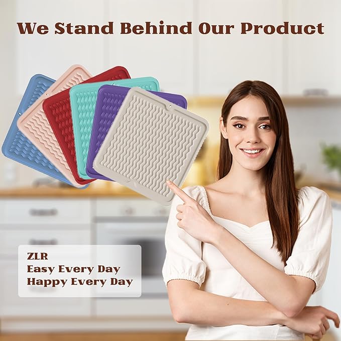 ZLR Silicone Dish Drying Mat 12" x 12" Square - Small Heat Resistant Trivet & Countertop Protector for Air Fryer, Coffee Maker - Waterproof Kitchen Drain Pad for Cups, Fruit (Milk White) - Image 7