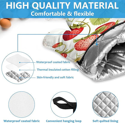 Red Strawberry Flower Oven Mitts and Pot Holders Sets Heat Resistant 4Pcs Potholders Oven Gloves Hot Pads for Kitchen Baking Cooking Grilling BBQ