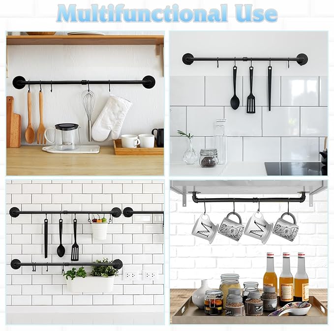 24 inch Pan Rack Wall Mounted Set of 2, Pan Hangers for Kitchen, Industrial Pipe Utensils Hanging Rail Detachable Storage Organizer, Iron Lids Holder with 10 S Hooks - Image 6