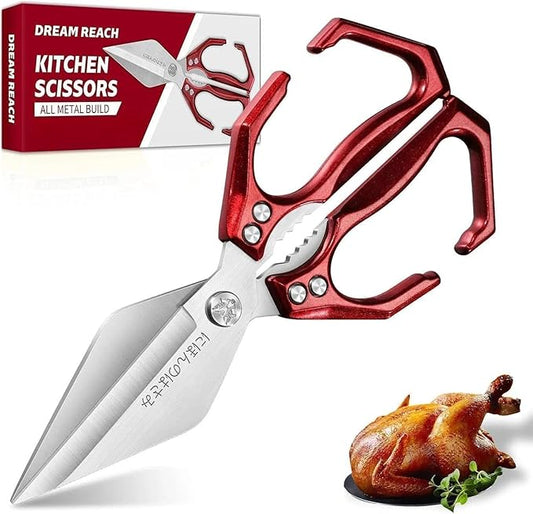 Dream Reach Poultry Shears - Heavy Duty Kitchen Scissors for Food with Ergonomic Handle, Japanese High-Carbon Steel Culinary Shears for Chicken, Meat, Seafood, Bone Cutting, Christmas Gifts (Red) by DreamReach