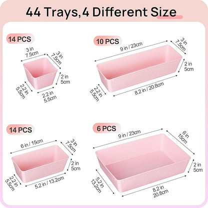 Vtopmart 44 PCS Plastic Drawer Organizers Set, 4-Size Versatile Bathroom and Vanity Organizer Trays, Non-Slip Storage Containers for Makeup, Jewelries, Bedroom，Kitchen Utensils and Office, Pink - Image 2
