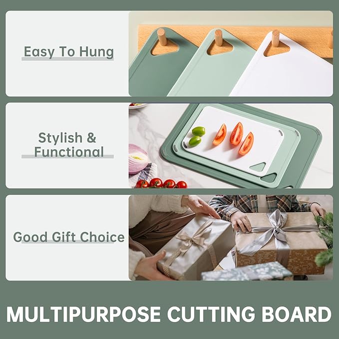 THETCHRY Plastic Cutting Board Set of 3-Cutting Boards for Kitchen BPA Free, Large-Small Chopping Boards Non-Slip for Cooking Camping Dishwasher Safe, Reversible, with Grip Handle, 15"×10"×0.25" Green - Image 5