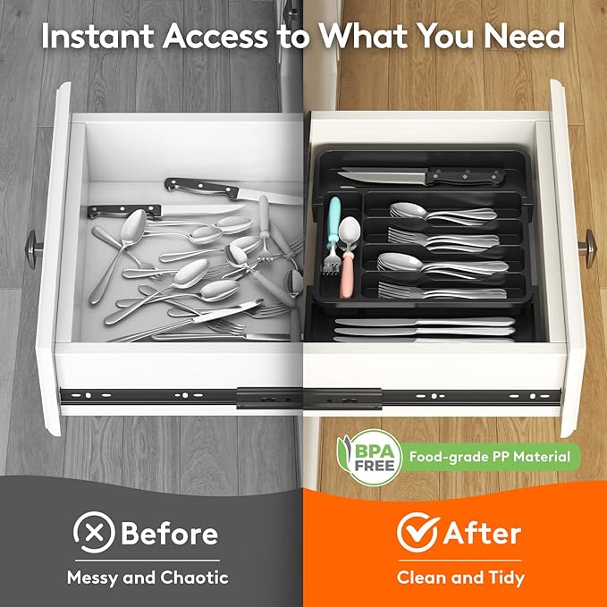 Lifewit Silverware Drawer Organizer, Expandable Utensil Tray for Kitchen, BPA Free Flatware and Cutlery Holder, Adjustable Plastic Storage for Spoons Forks Knives, 8.9-14.7 x 12.2", Black - Image 7