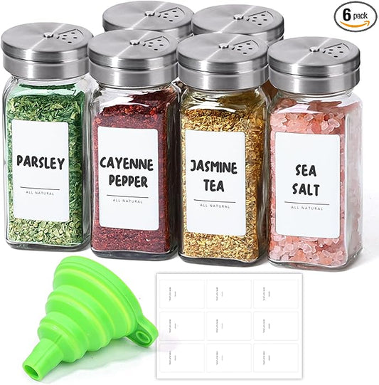 ComSaf Spice Jars with Shaker lids Adjustable, 4oz 6PCS, 9 DIY Labels, Spice Jars Trial Set & Supplement Set, Empty Ingredient Containers and Square Ingredient Bottles for Kitchen and Seasoning by ComSaf