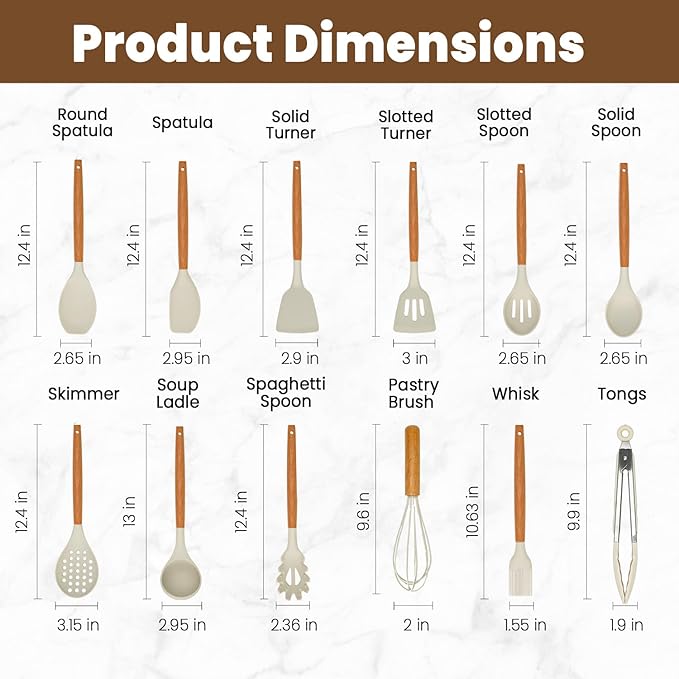 Kitchen Utensils Set - 12 Pcs Silicone Cooking Utensils Set with Wooden Handle - Heat Resistant Non-Stick BPA Free Spatula Set,Turner, Spoon, Brush, Silicone Kitchen Gadgets Utensil Set - Image 2
