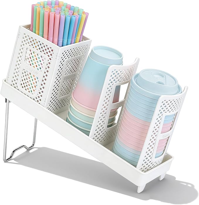 Coffee Cup Dispenser with Straws Holder, Plastic Coffee Cup and Lid Holder, 5-20oz Disposable Paper Cups Organizer for Countertop, Station, Bar, Office, Restaurant, Breakroom (White)