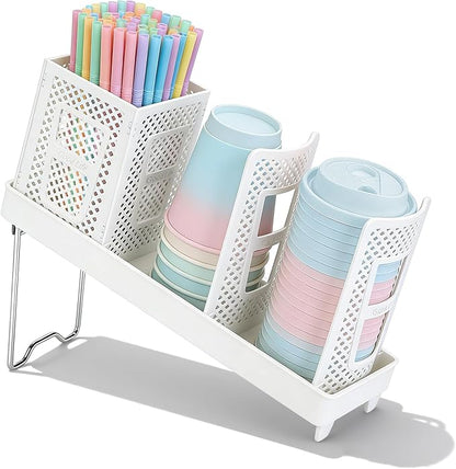Coffee Cup Dispenser with Straws Holder, Plastic Coffee Cup and Lid Holder, 5-20oz Disposable Paper Cups Organizer for Countertop, Station, Bar, Office, Restaurant, Breakroom (White)
