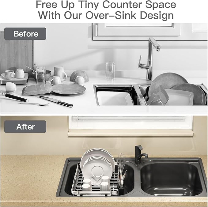 MAJALiS Dish Drying Rack Over The Sink, Expandable Stainless Steel Dish Drainer for Small Kitchen Counter Space Saving, RV Compact Plate Strainer In Silver Metal with Hanging Adjustable Utensil Holder - Image 2